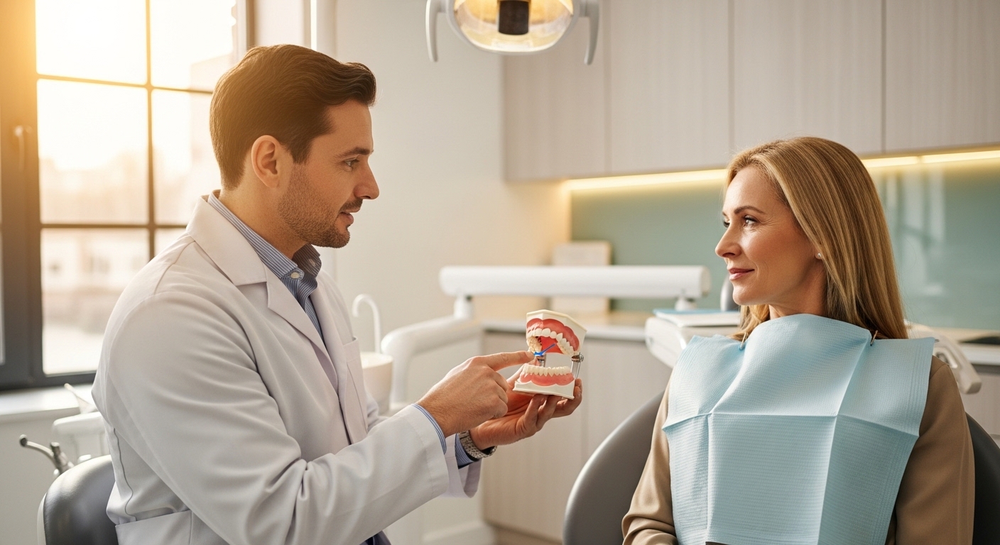 Dentist discussing dental deep cleaning in a modern dental office