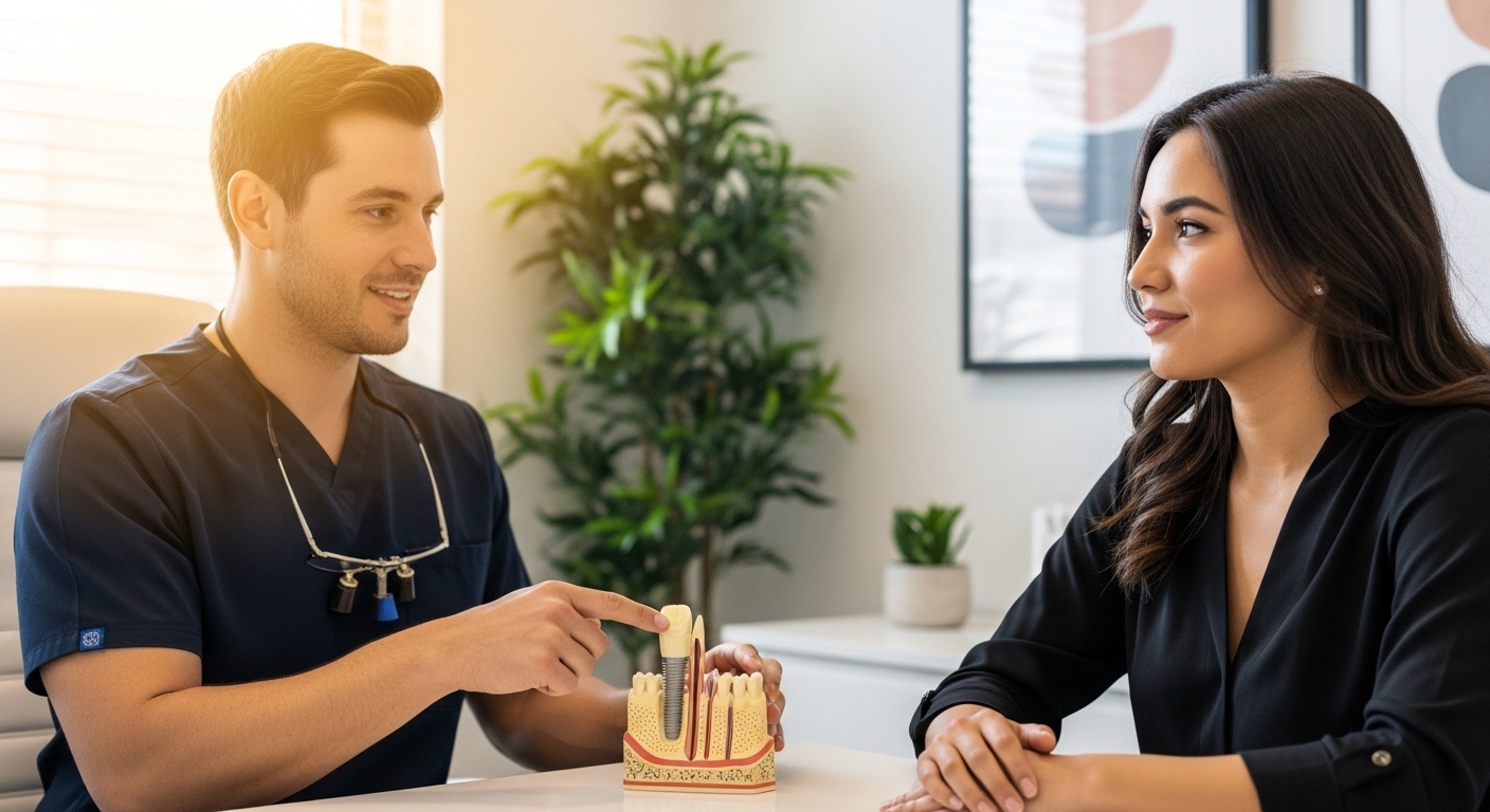 Dentist consulting a patient about dental implants in a modern office