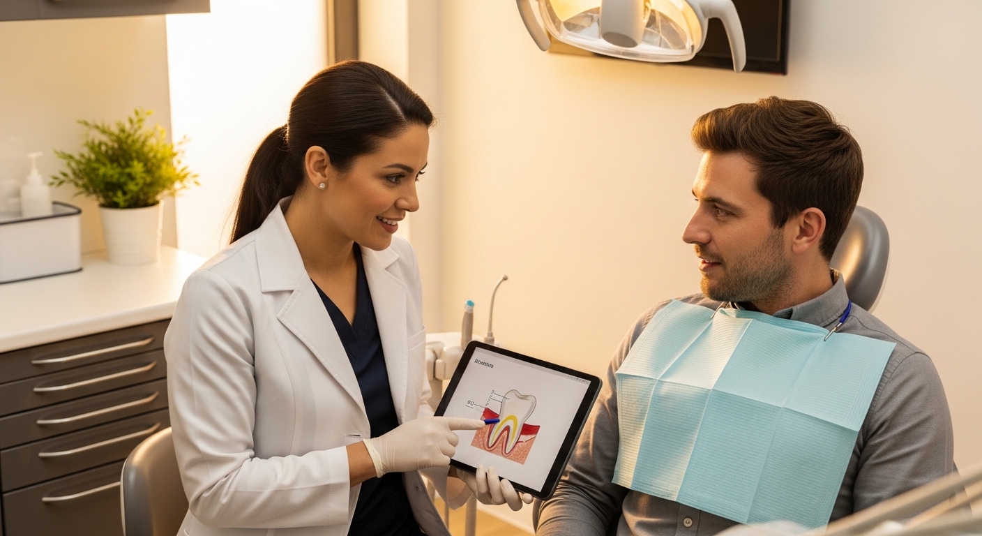 Dentist consulting with a patient in a modern, warm dental office