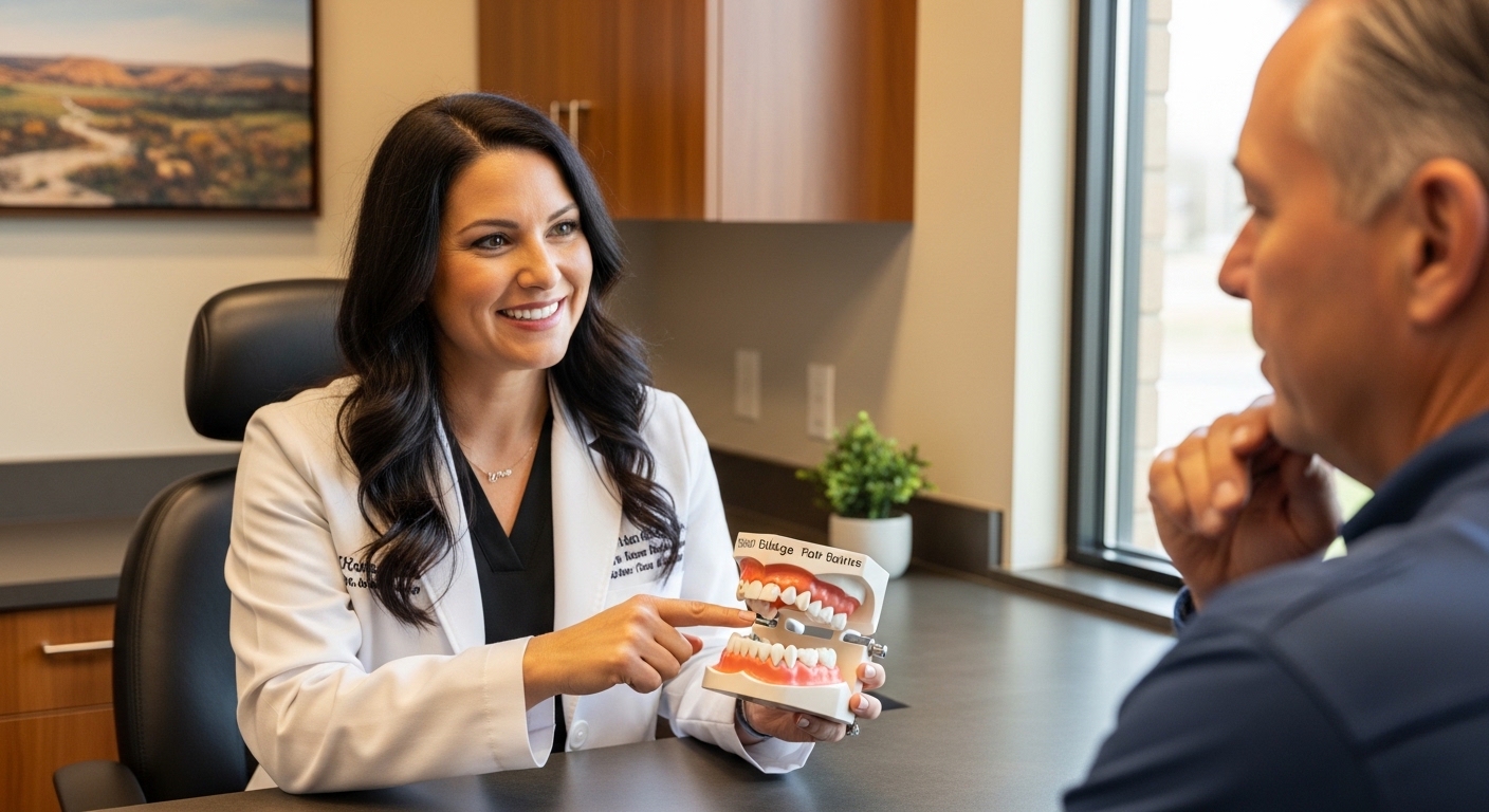 Dentist discussing tooth replacement options with a patient in a modern dental office.
