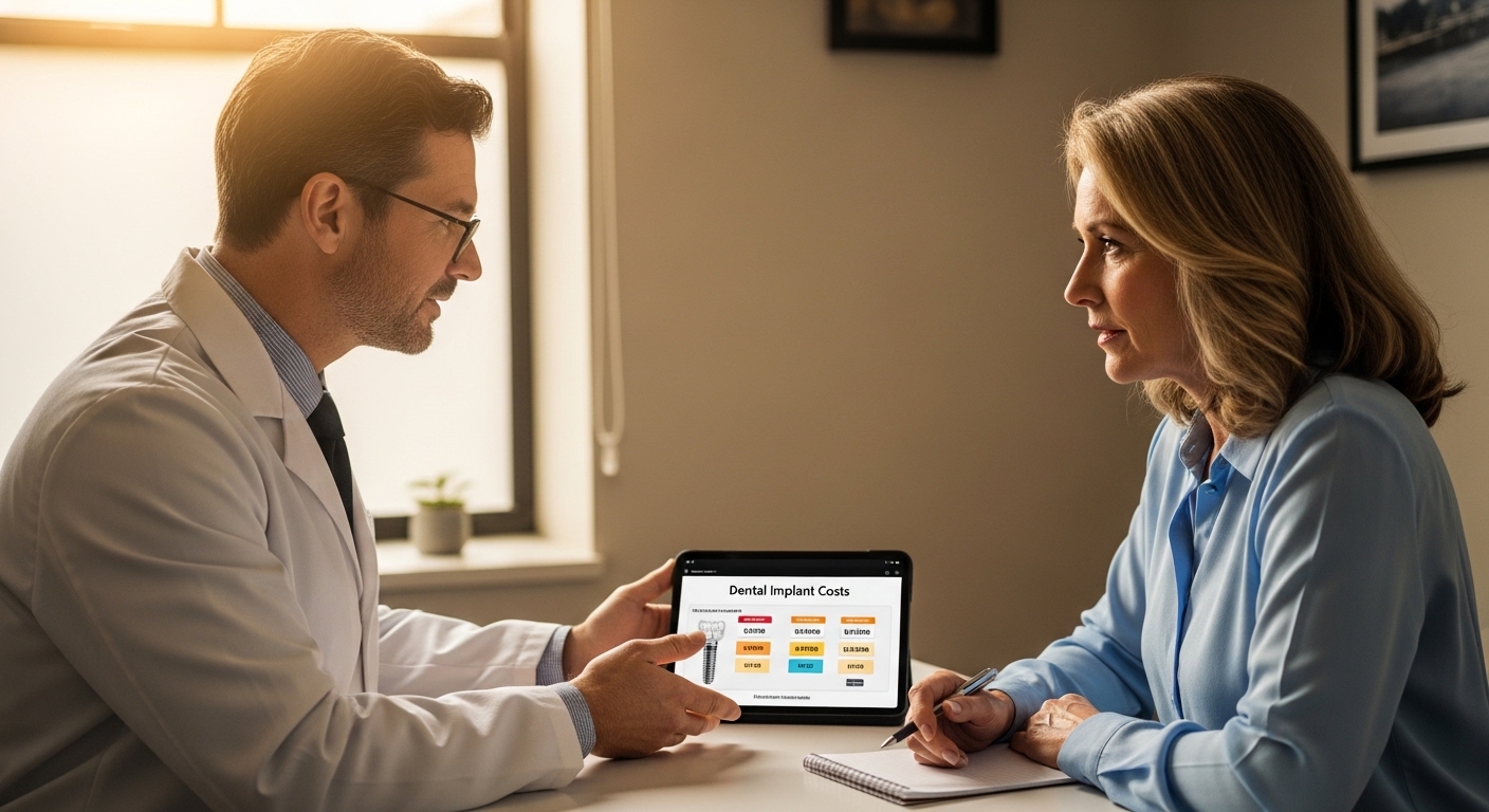 Dental consultation about implant costs in a modern clinic