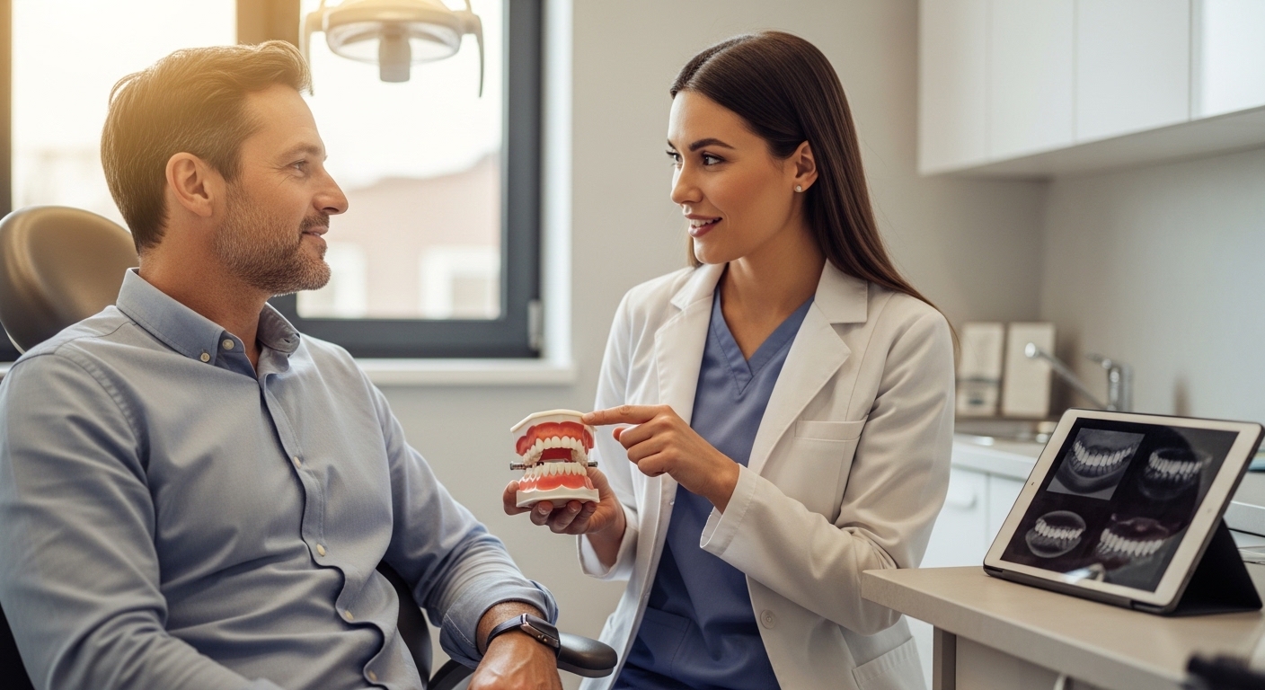 Patient consulting with dentist about dental treatment in a modern office