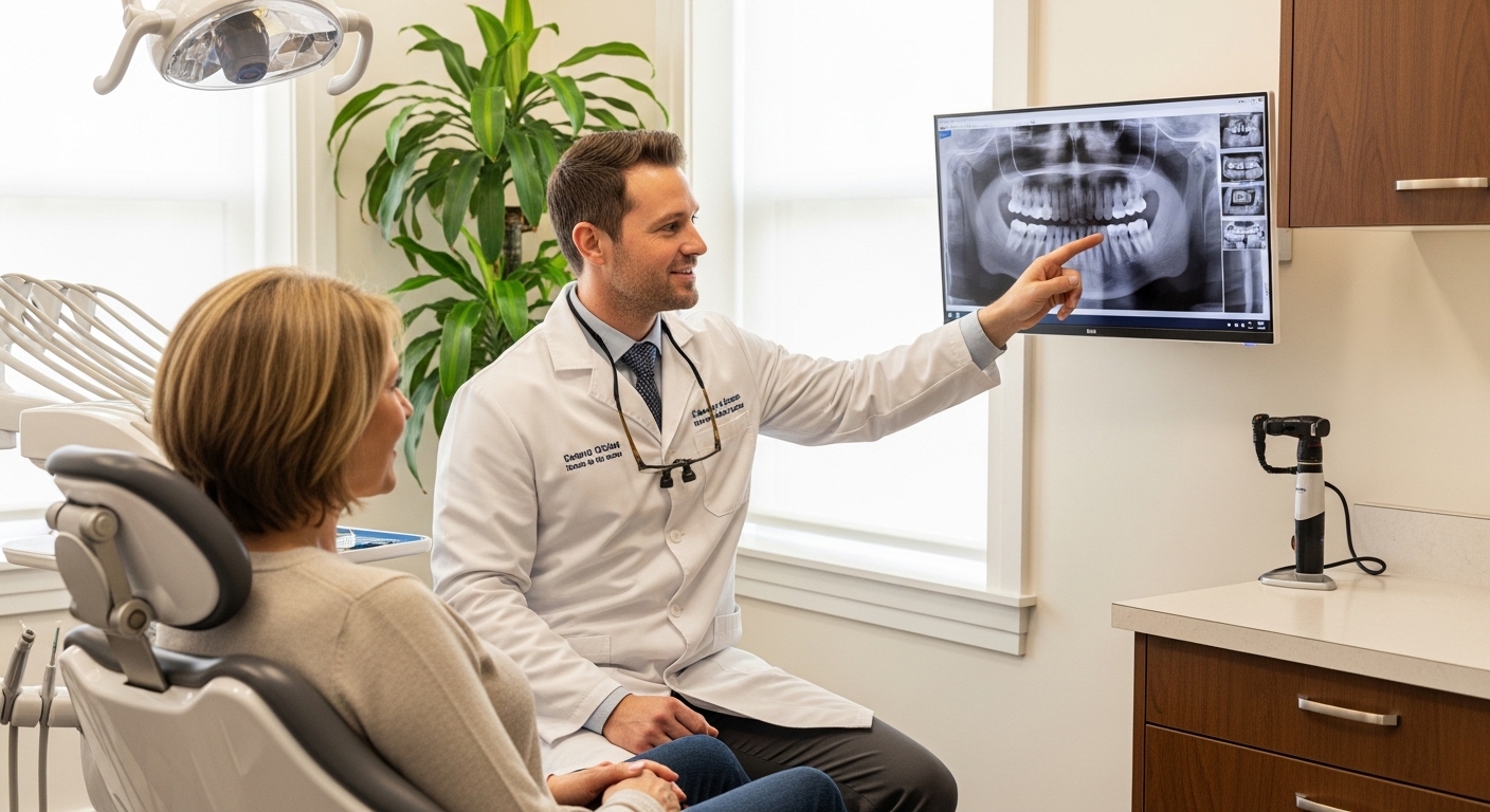 Dentist consulting with a patient in a modern dental office setting