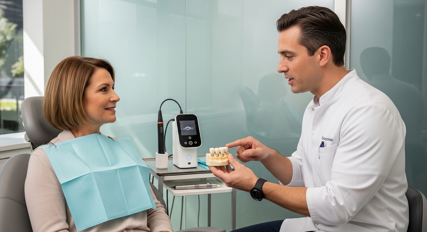 A dentist discussing dental crown options with a patient in a modern office setting