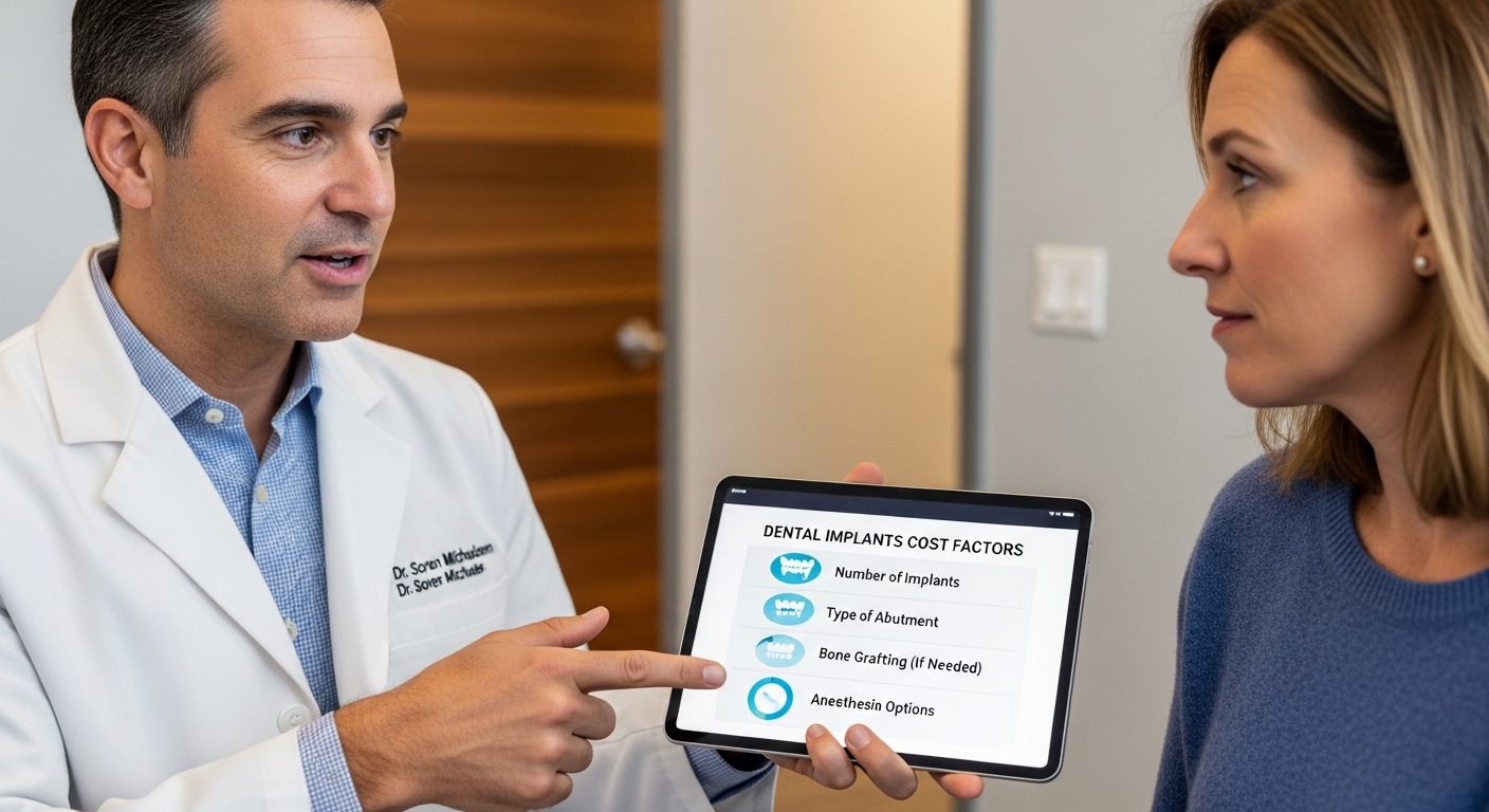 Dentist explaining dental implants cost options to a patient