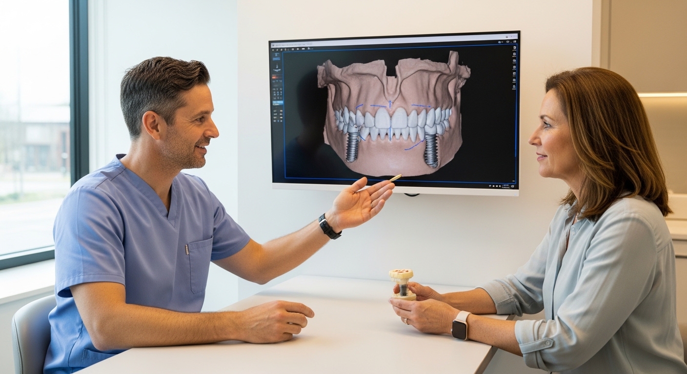 Dentist discussing All-on-4 dental implants with a patient.