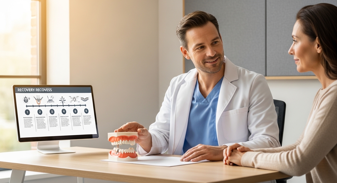 Dentist and patient discussing full mouth dental implants in a modern clinic