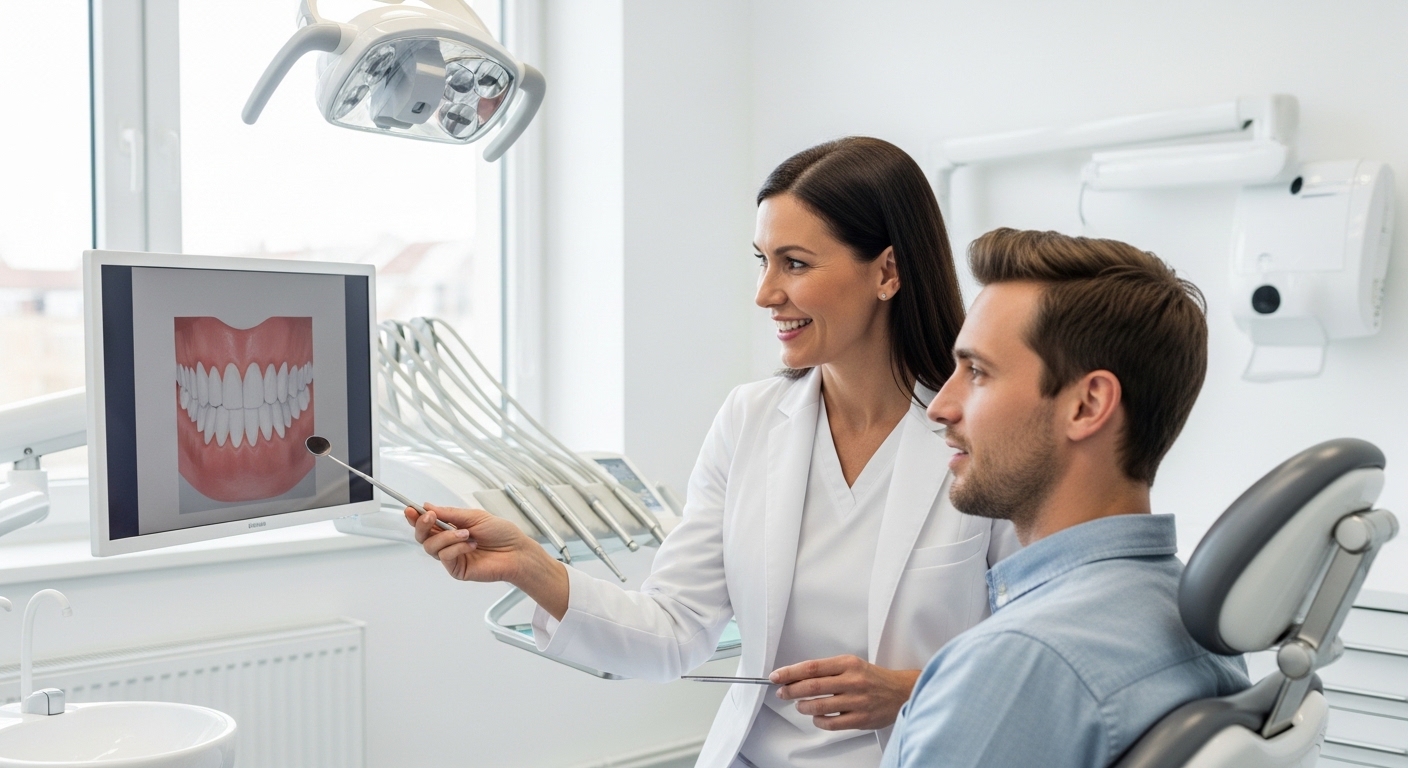 Dentist explaining a dental procedure to a new patient