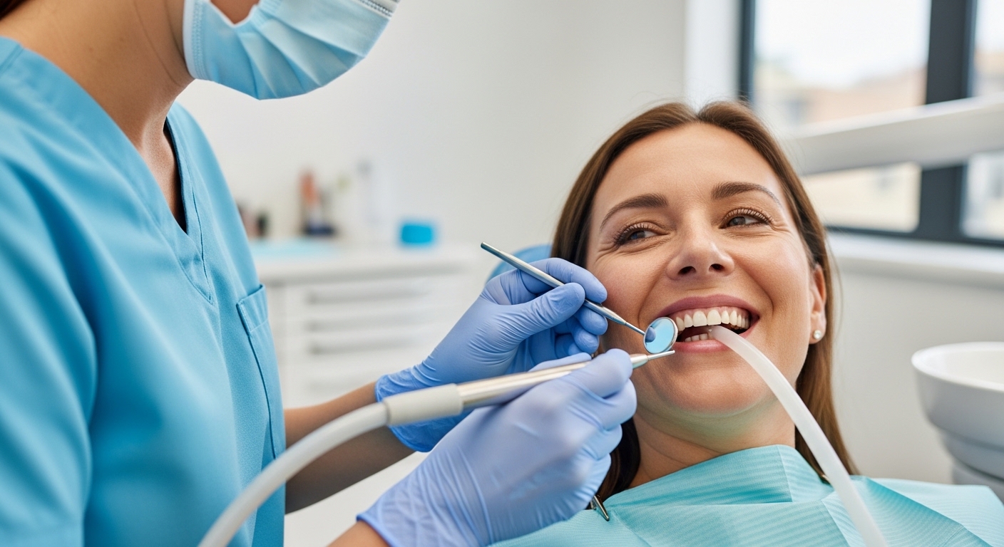 Dental hygienist performing routine cleaning on a patient in a modern dental clinic.