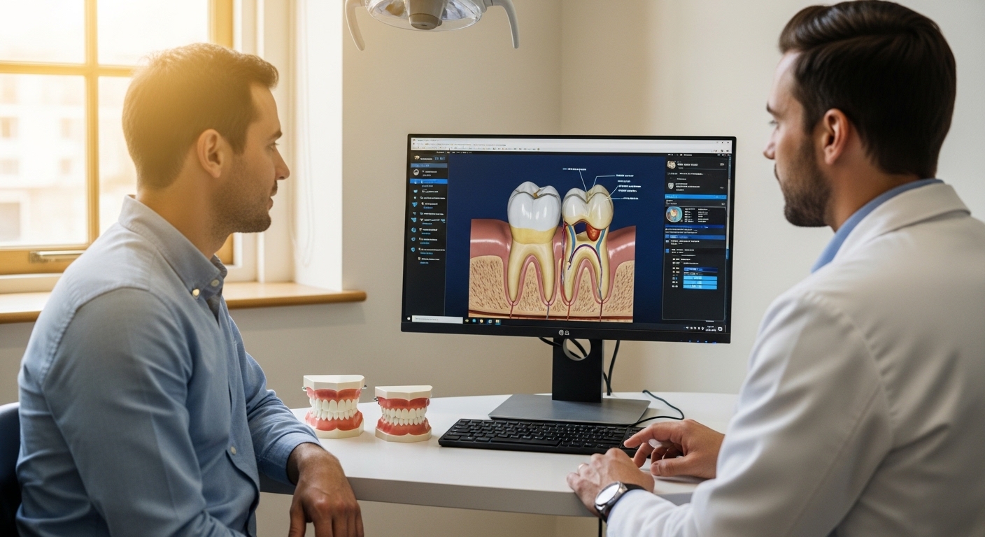 Patient and dentist discussing dental cap options in a modern office