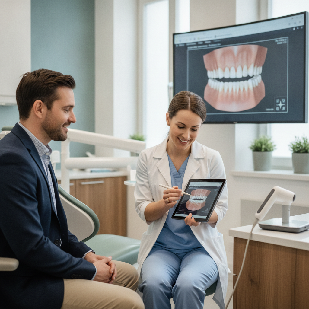 Dentist consulting a patient in a modern dental office in Catoosa, OK.