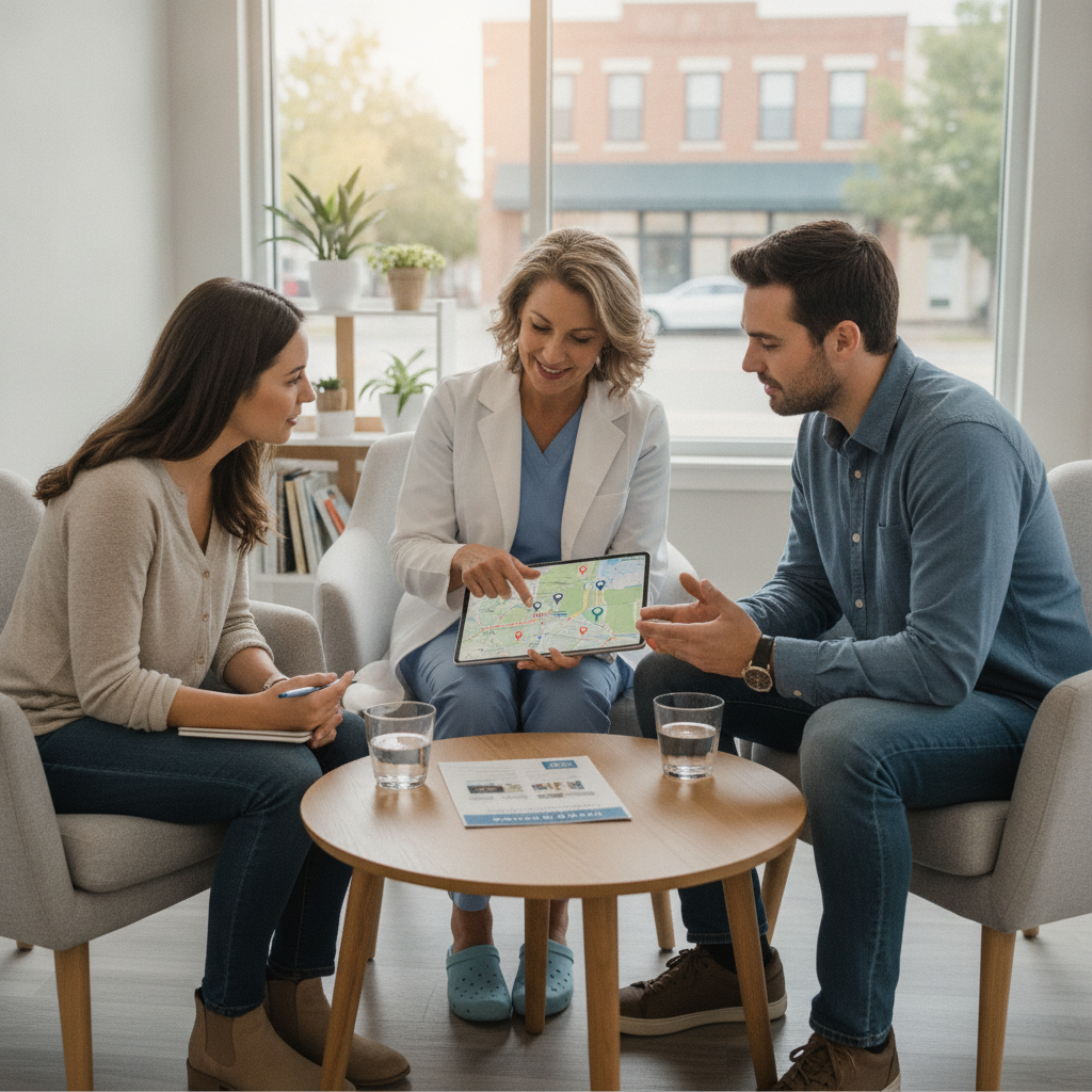 A dentist consults with a patient in a modern dental office setting
