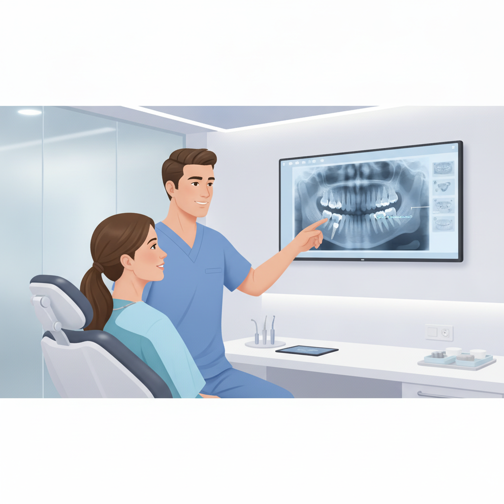 Dentist and patient in a modern dental office discussing a treatment plan