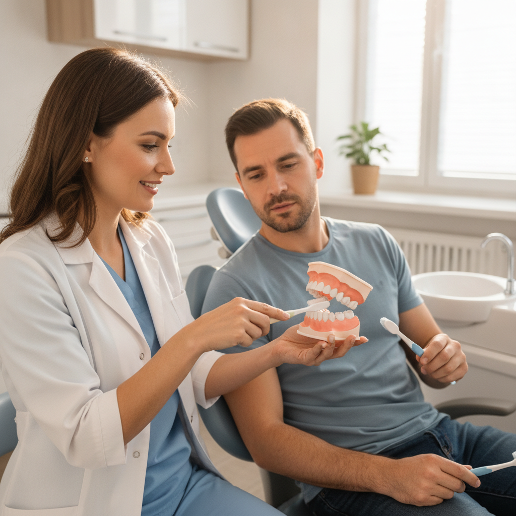 Dentist discussing gum health with a patient in a modern clinic