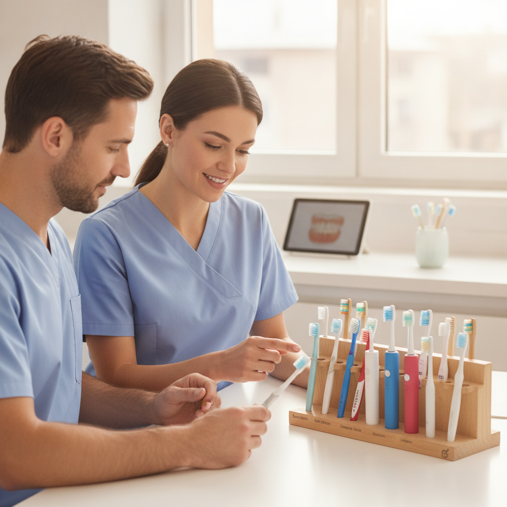 Different types of toothbrushes displayed in a dental setting
