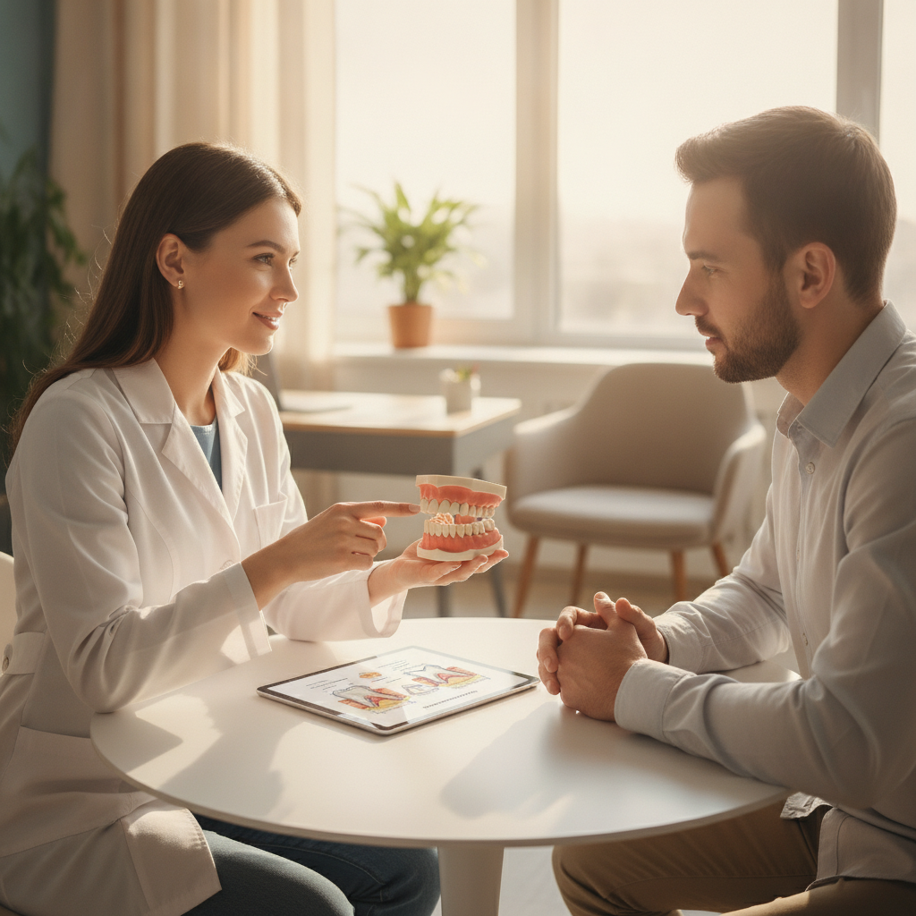 Patient and dentist discussing crowns vs veneers in a dental office