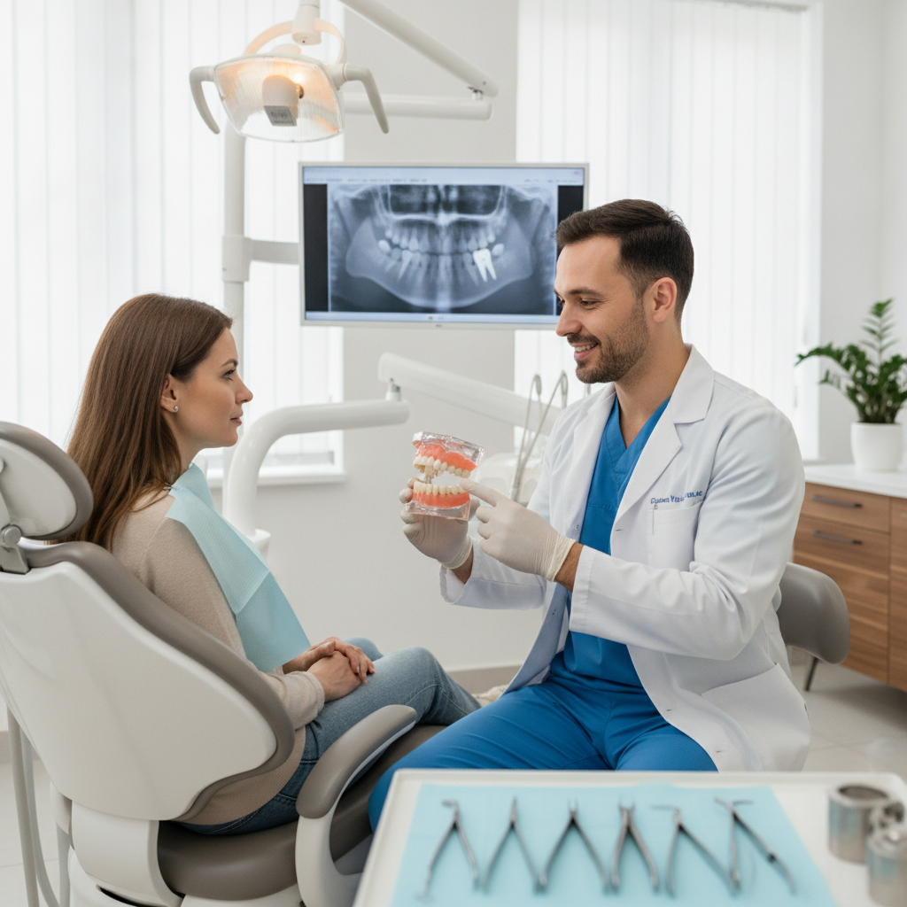 Dentist discussing tooth extraction procedures with a patient.